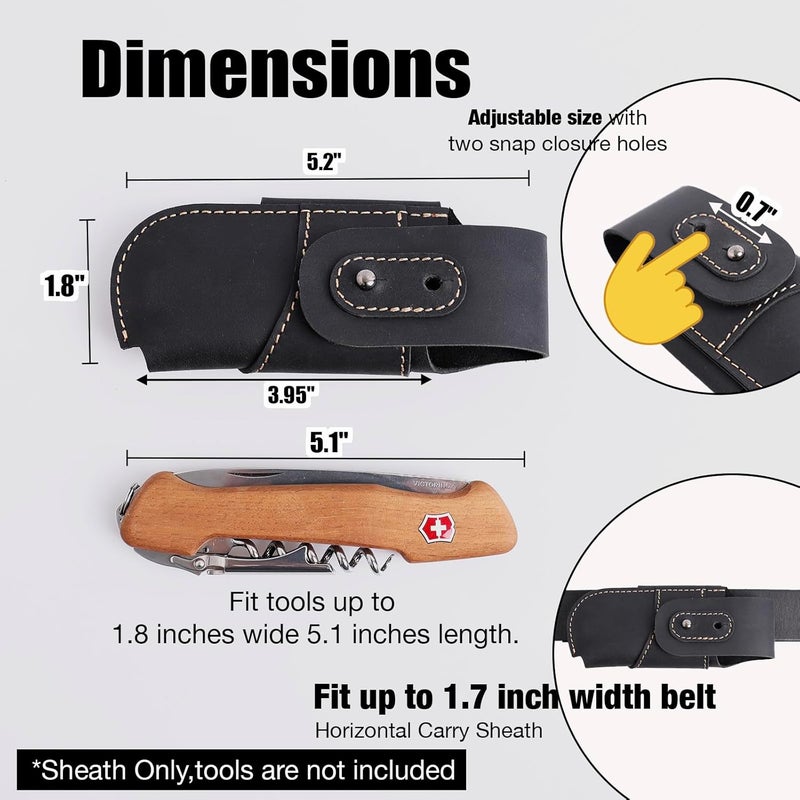 topstache Leather Knife Sheath for Belt - Horizontal Carry Knife Holster - EDC Belt Organizer - Leather Multitool Sheath Pouch with Two Snap Closure for Folding Knife, Black - Image 3